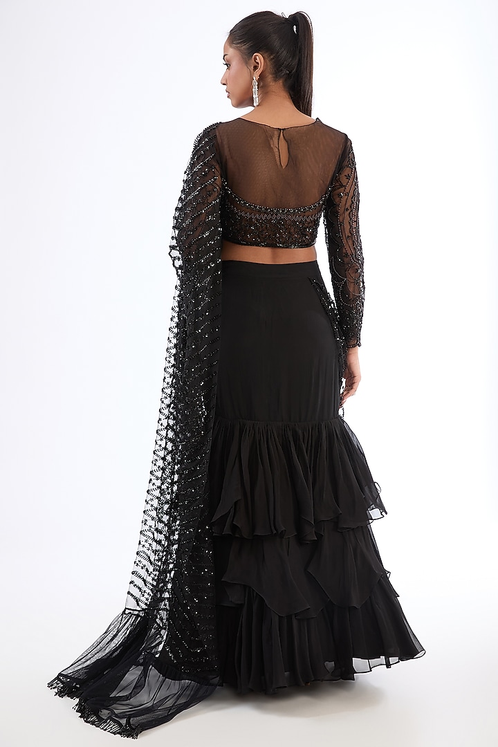 Black Organza & Tulle Embroidered Layered Draped Skirt Wedding Saree Set by LASHA at Pernia's Pop Up Shop
