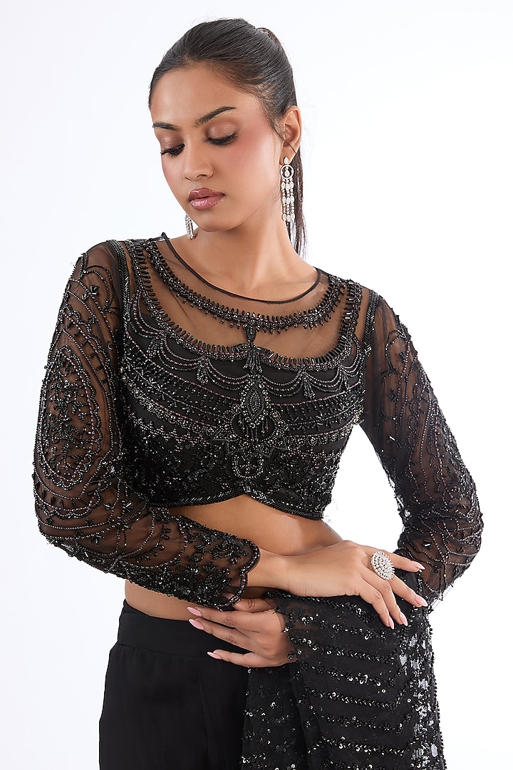 Black Organza & Tulle Embroidered Layered Draped Skirt Wedding Saree Set by LASHA at Pernia's Pop Up Shop