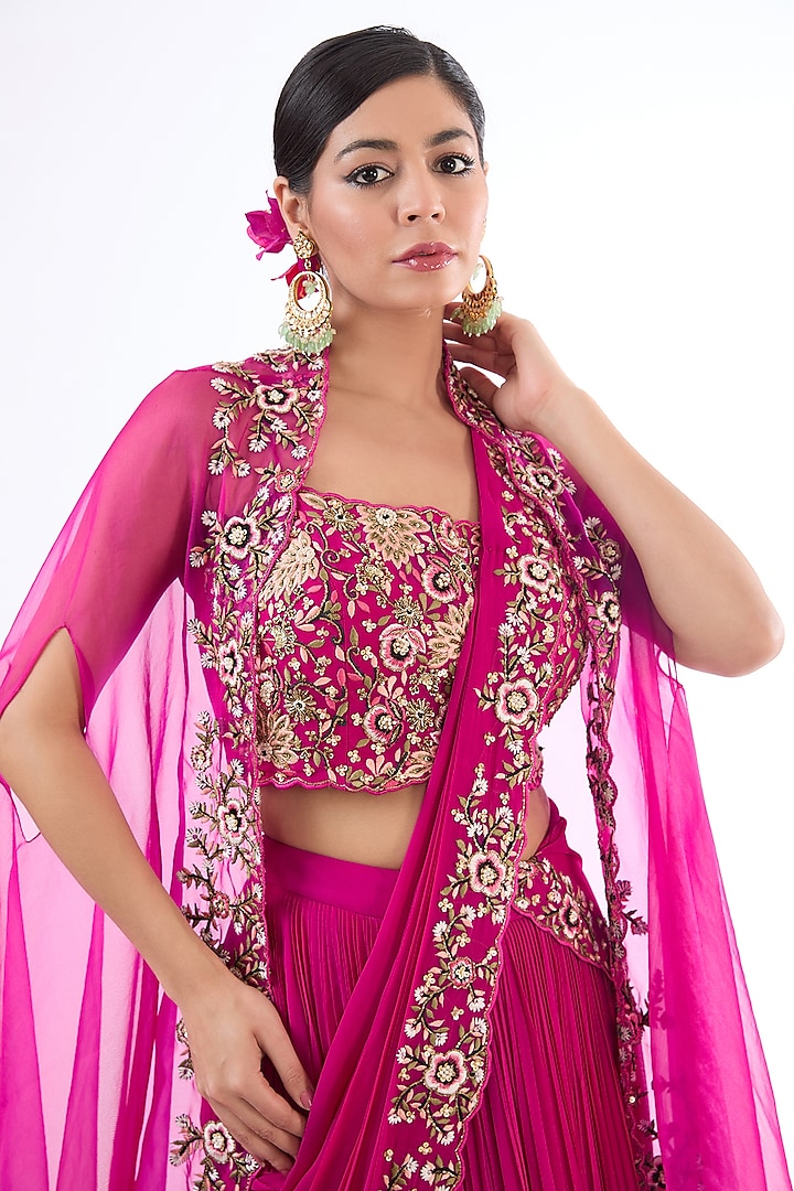Fuchsia Pink Georgette Hand Embroidered Draped Tiered Wedding Lehenga Set by LASHA at Pernia's Pop Up Shop