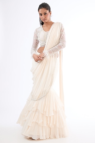 Off-white Georgette Beads Hand Embroidered Draped Layered Lehenga Set by LASHA