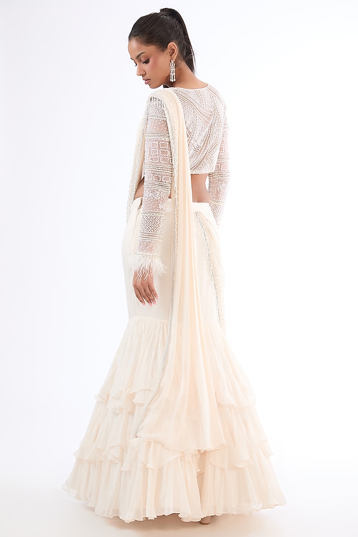 Off-white Georgette Beads Hand Embroidered Draped Layered Wedding Lehenga Set by LASHA at Pernia's Pop Up Shop