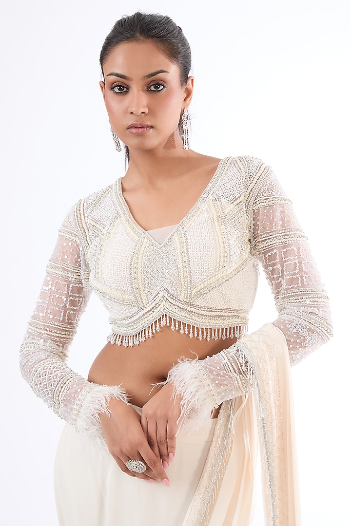 Off-white Georgette Beads Hand Embroidered Draped Layered Wedding Lehenga Set by LASHA at Pernia's Pop Up Shop