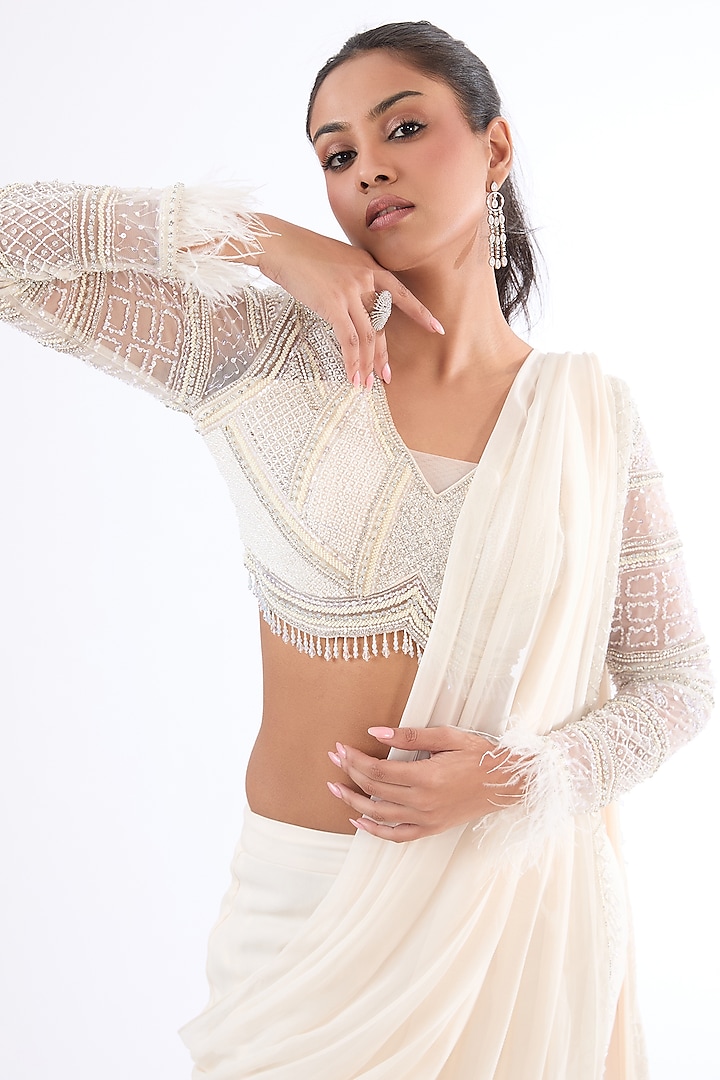 Off-white Georgette Beads Hand Embroidered Draped Layered Wedding Lehenga Set by LASHA at Pernia's Pop Up Shop