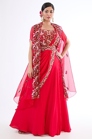 Red Crepe Hand Embroidered Draped Lehenga Set by LASHA