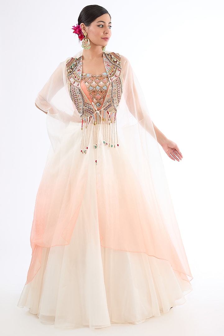 Peach Shaded Organza Hand Embroidered Cape Set by LASHA