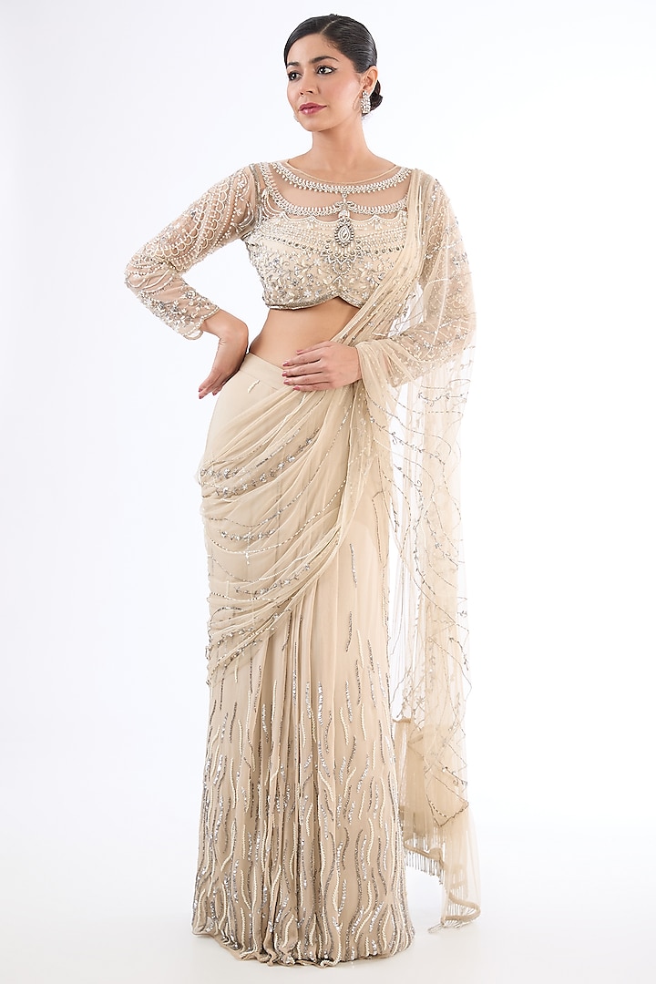 Ice-Grey Georgette Hand Embroidered Pre-Draped Saree Set by LASHA