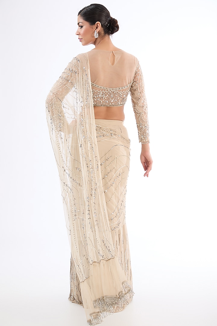 Ice-Grey Georgette Hand Embroidered Pre-Draped Wedding Saree Set by LASHA at Pernia's Pop Up Shop