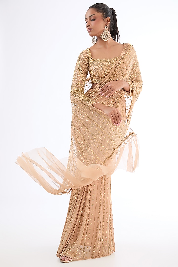Gold Georgette Hand Embroidered Pre-Draped Saree Set by LASHA