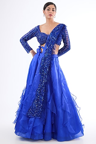 Electric Blue Satin Organza Ruffled Lehenga Set by LASHA