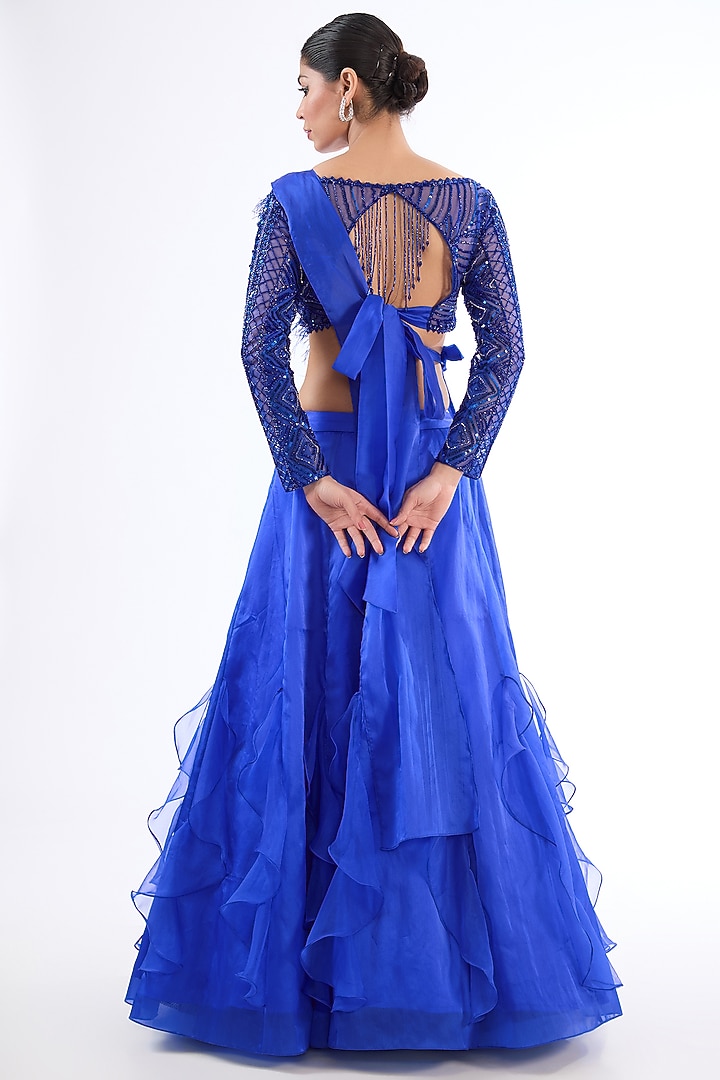 Electric Blue Satin Organza Ruffled Wedding Lehenga Set by LASHA at Pernia's Pop Up Shop