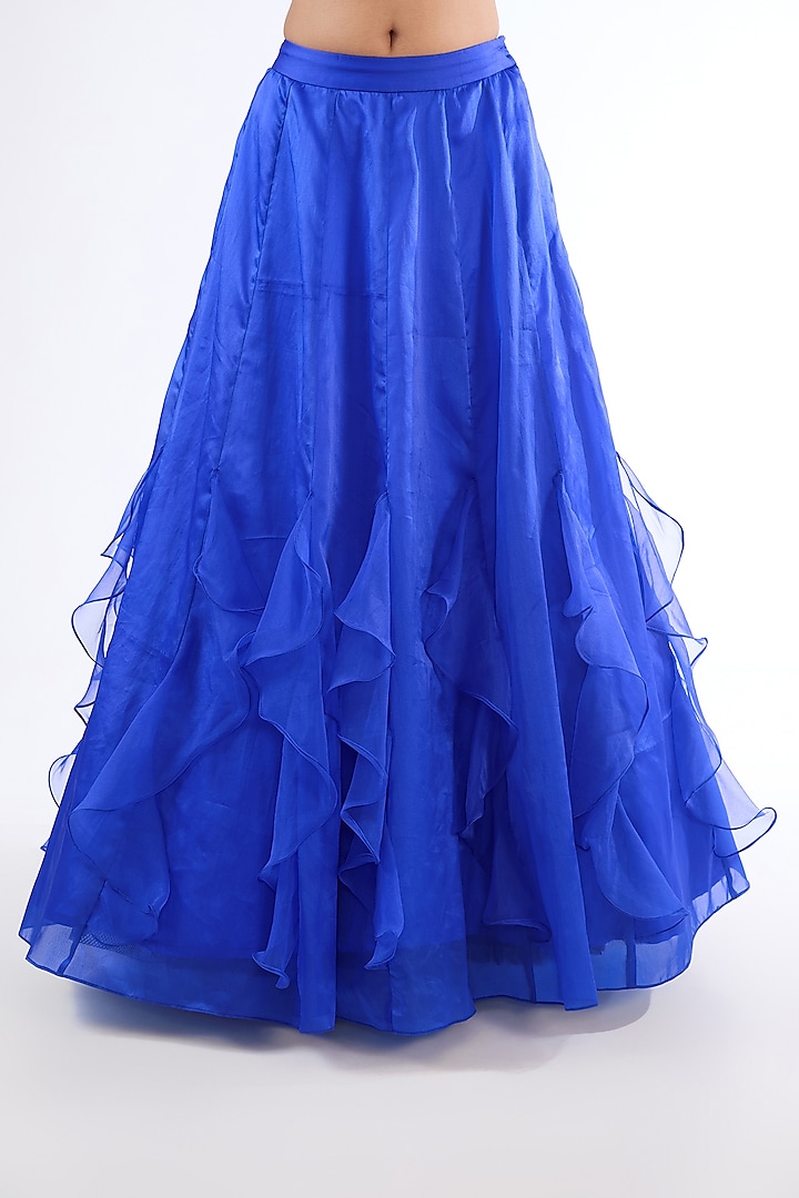 Electric Blue Satin Organza Ruffled Wedding Lehenga Set by LASHA at Pernia's Pop Up Shop