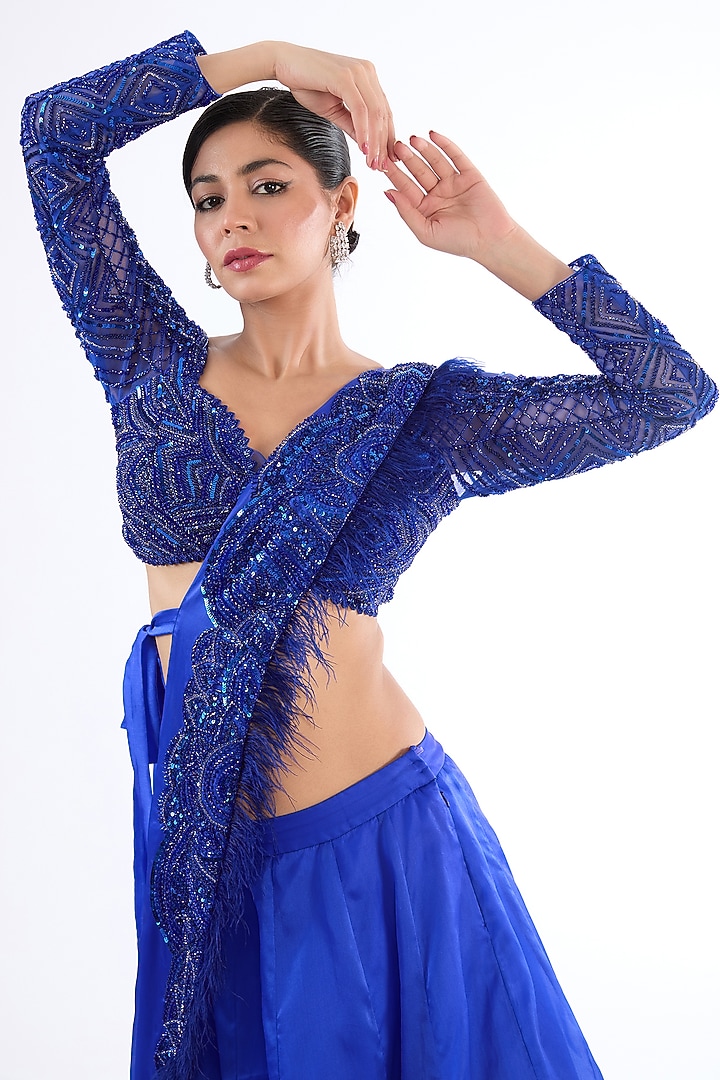 Electric Blue Satin Organza Ruffled Wedding Lehenga Set by LASHA at Pernia's Pop Up Shop