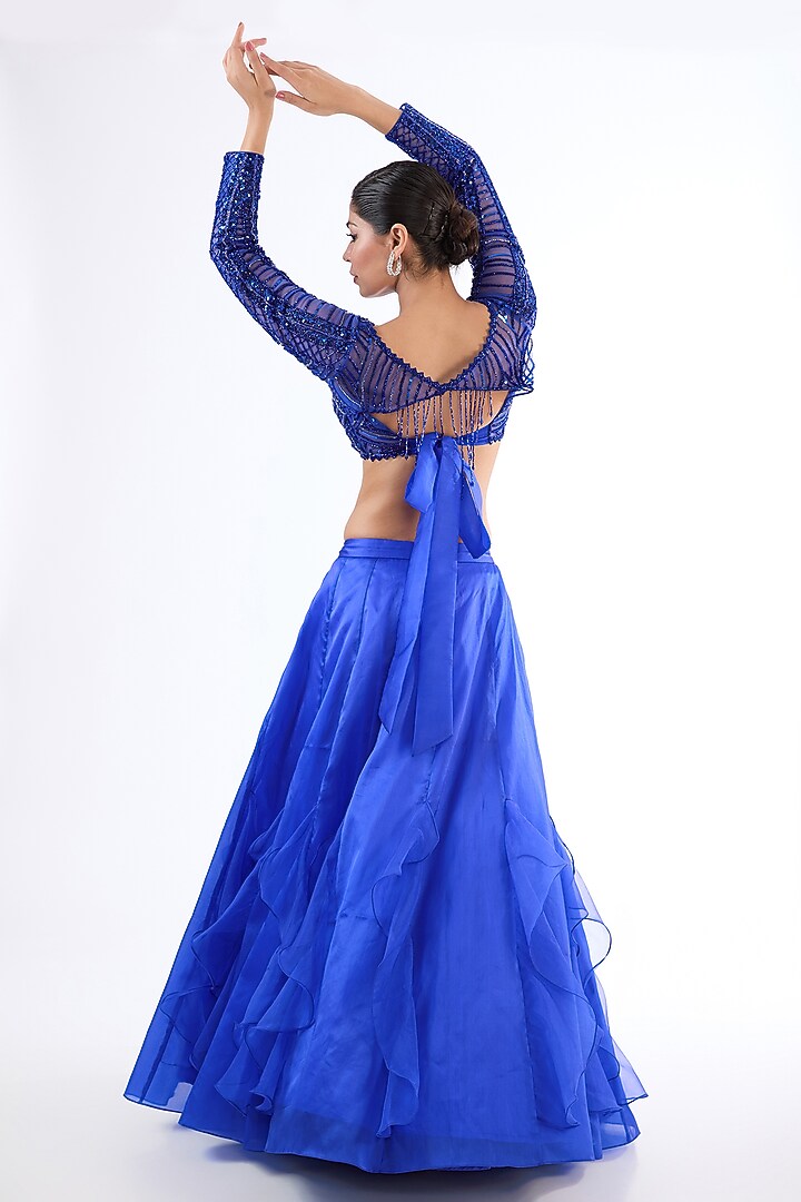 Electric Blue Satin Organza Ruffled Wedding Lehenga Set by LASHA at Pernia's Pop Up Shop