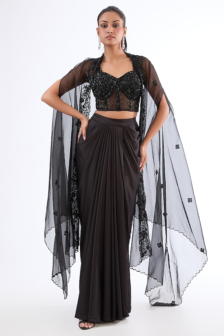 Black Italian Satin Dhoti Skirt Set by LASHA