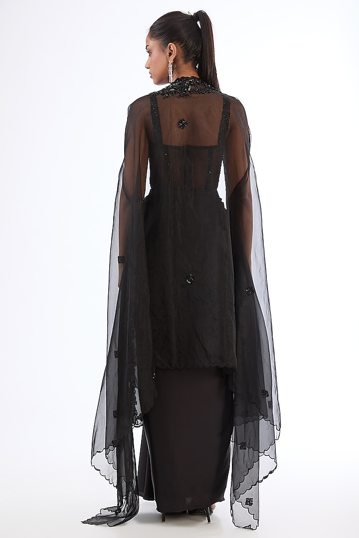 Black Italian Satin Dhoti Skirt Set by LASHA at Pernia's Pop Up Shop