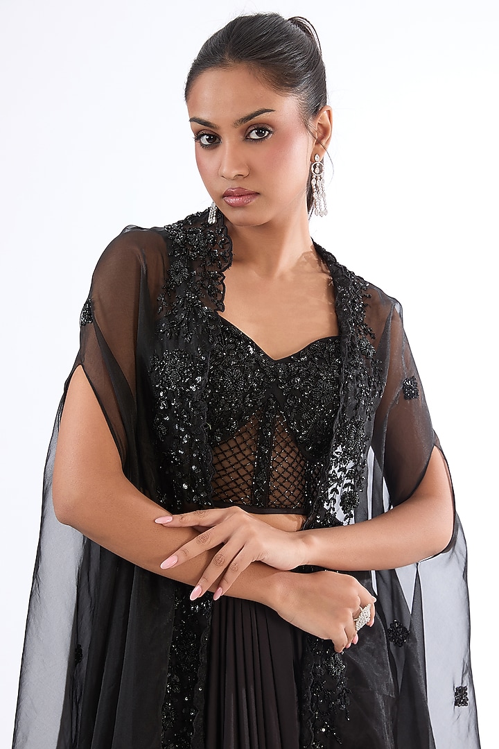 Black Italian Satin Dhoti Skirt Set by LASHA at Pernia's Pop Up Shop