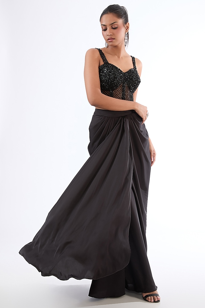 Black Italian Satin Dhoti Skirt Set by LASHA at Pernia's Pop Up Shop