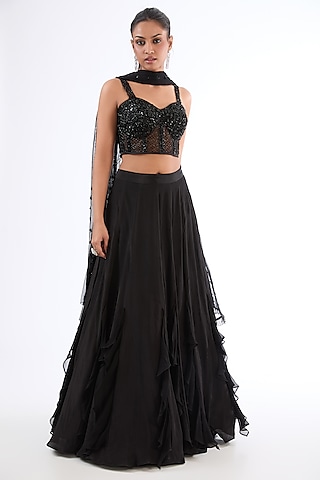 Black Crepe & Organza Ruffled Lehenga Set by LASHA