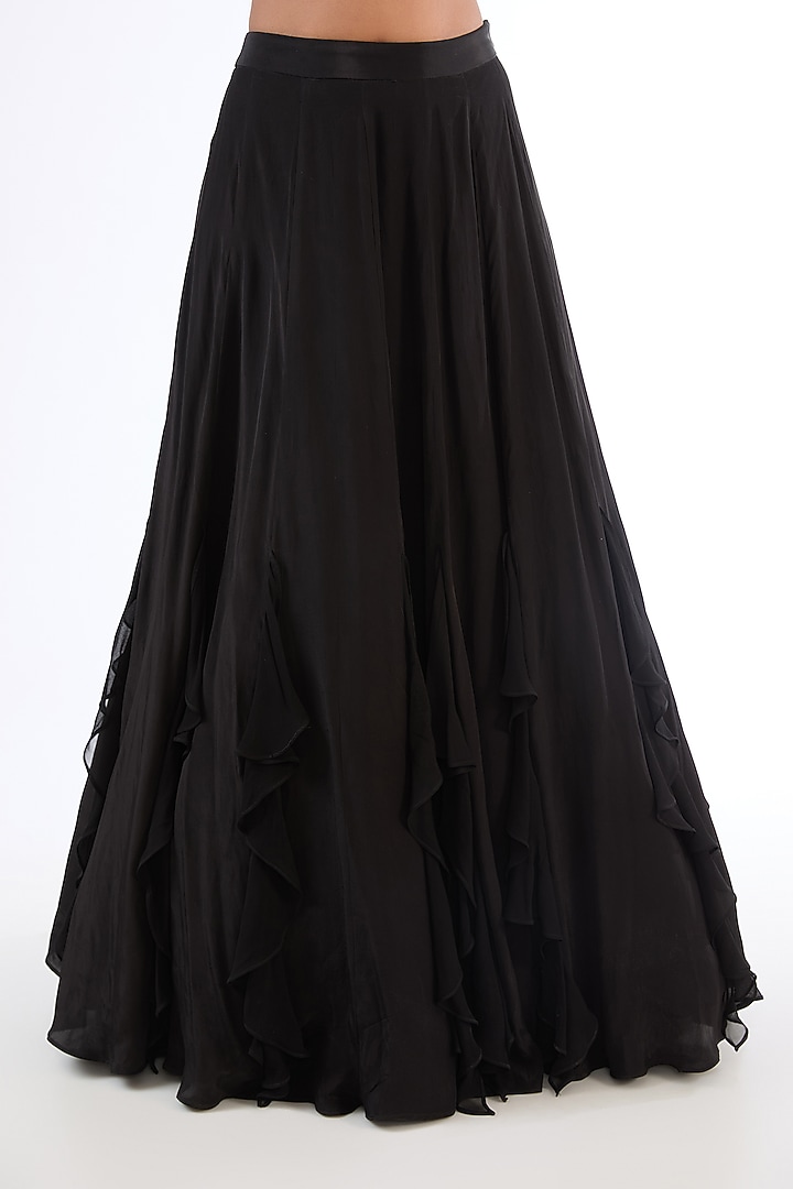 Black Crepe & Organza Ruffled Wedding Lehenga Set by LASHA at Pernia's Pop Up Shop