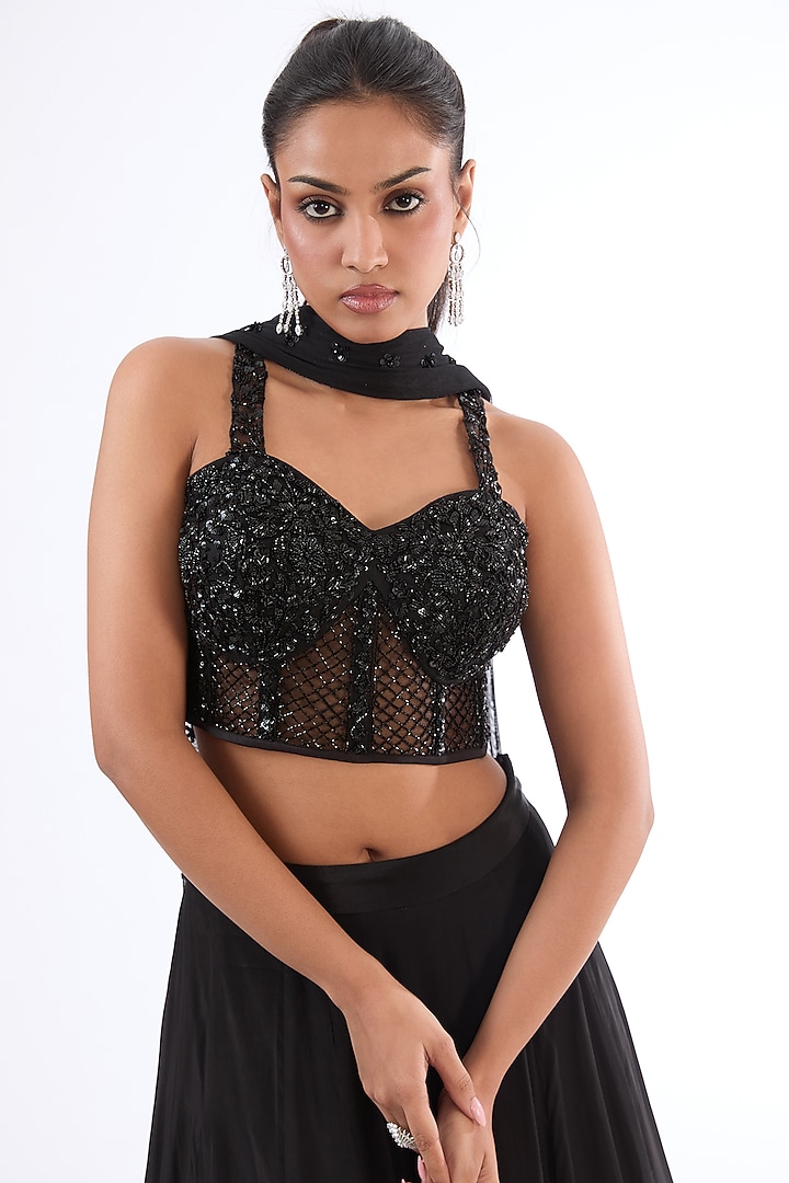 Black Crepe & Organza Ruffled Wedding Lehenga Set by LASHA at Pernia's Pop Up Shop