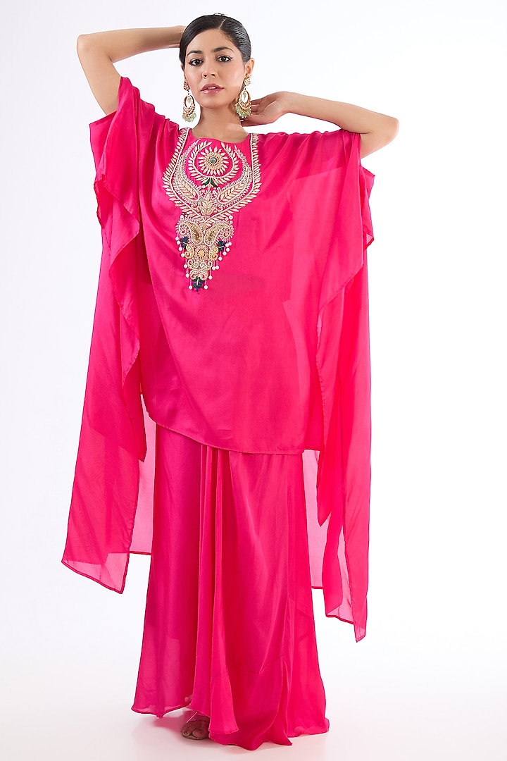 Fuschia Pink Cotton Silk Dabka Embroidered Kaftan Set by LASHA