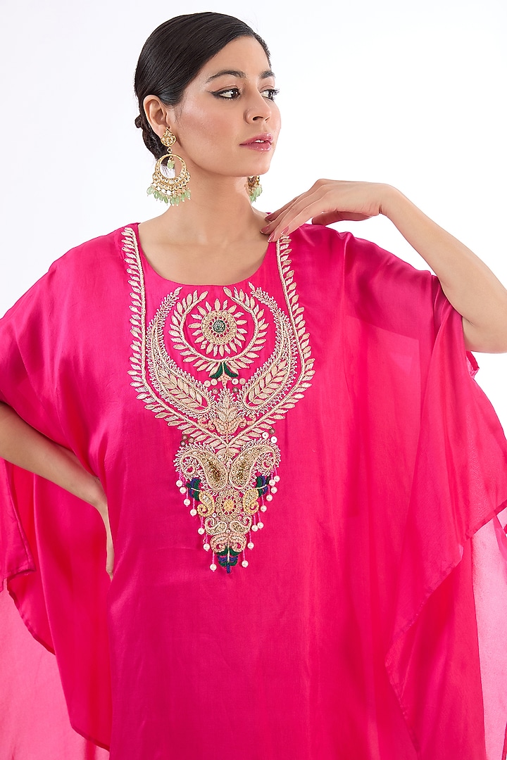 Fuschia Pink Cotton Silk Dabka Embroidered Kaftan Set by LASHA at Pernia's Pop Up Shop