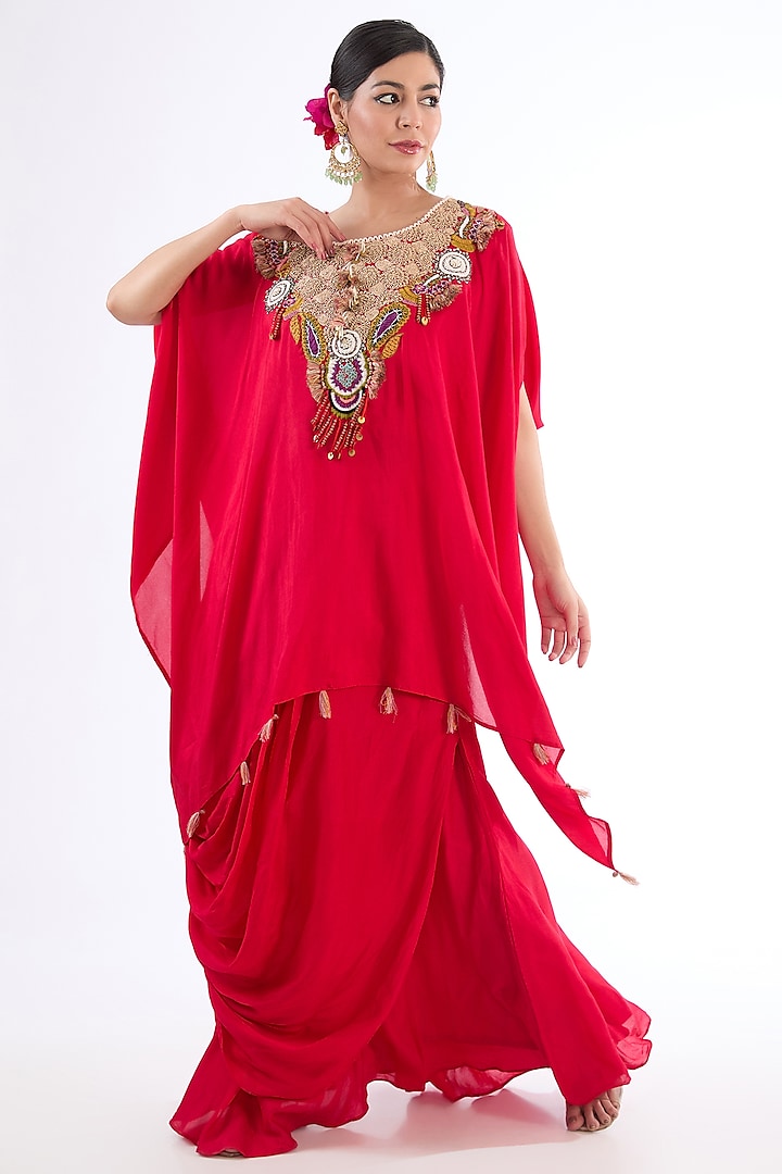 Red Cotton Silk Dabka Embroidered Kaftan Set by LASHA