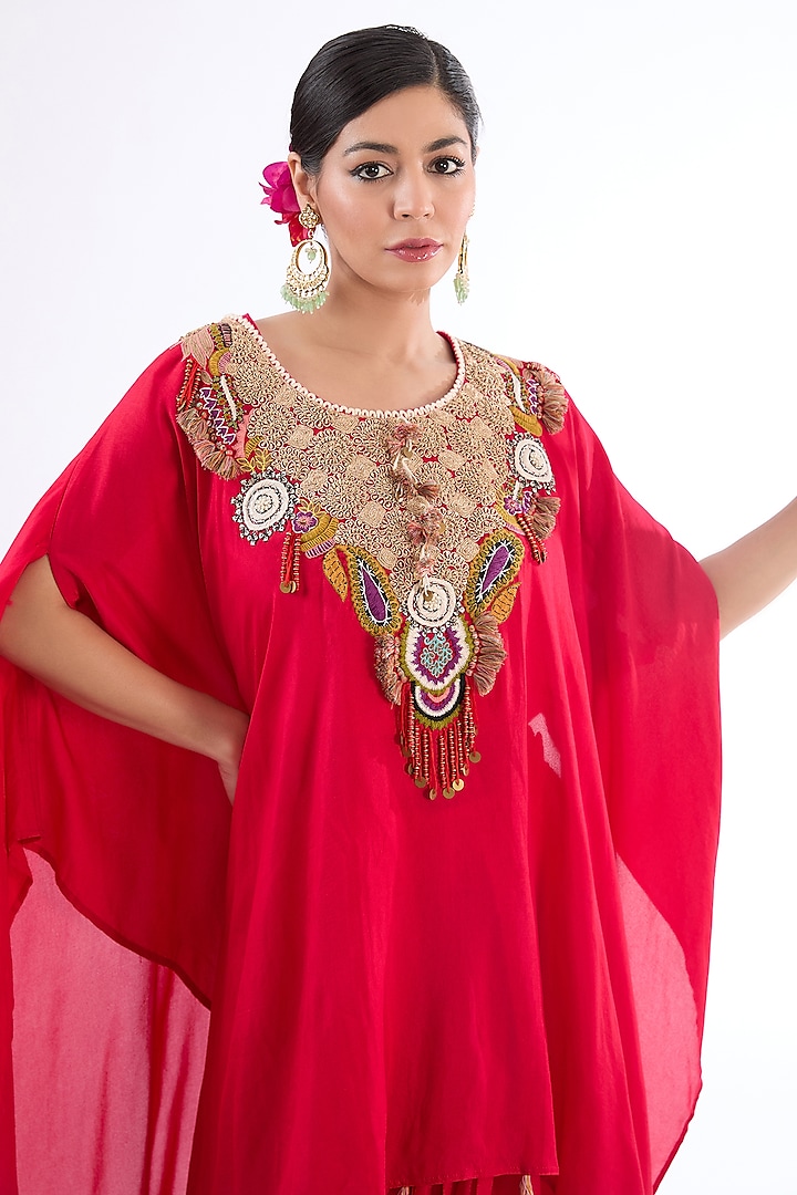 Red Cotton Silk Dabka Embroidered Kaftan Set by LASHA at Pernia's Pop Up Shop