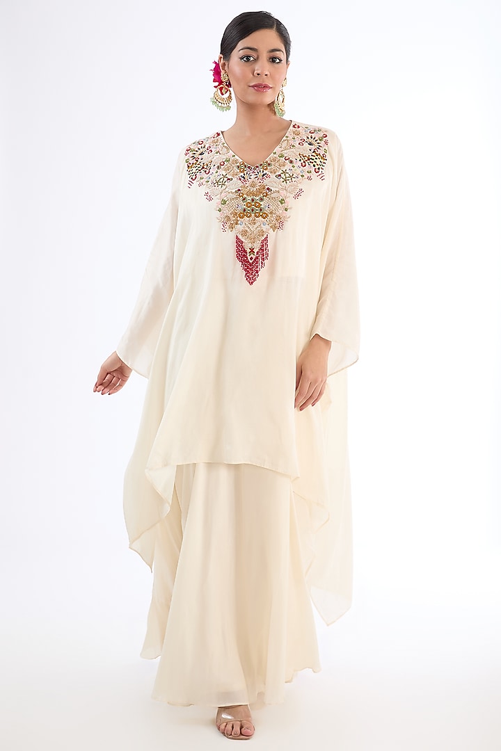 White Cotton Silk Dabka Embroidered Kaftan Set by LASHA