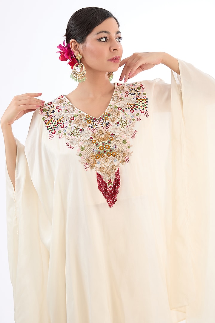 White Cotton Silk Dabka Embroidered Kaftan Set by LASHA at Pernia's Pop Up Shop