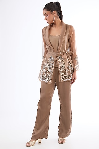 Mouse Grey Organza Embellished Jacket Set by LASHA