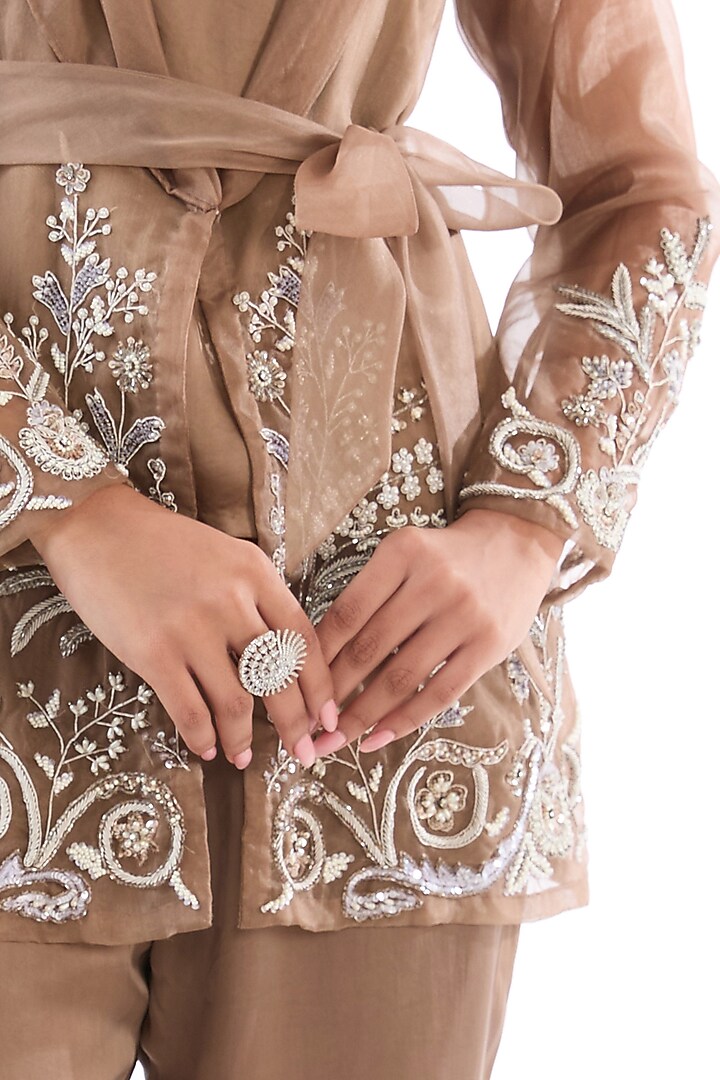 Mouse Grey Organza Embellished Jacket Set by LASHA at Pernia's Pop Up Shop