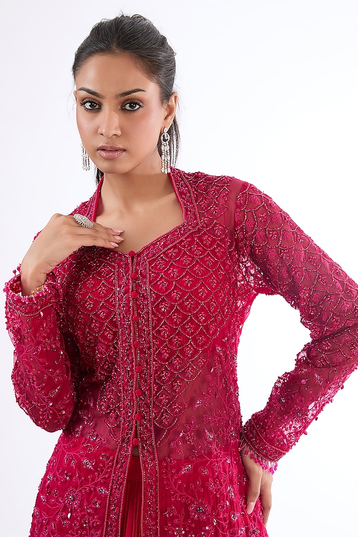 Fuschia Organza Hand Embroidered Jacket Set by LASHA at Pernia's Pop Up Shop