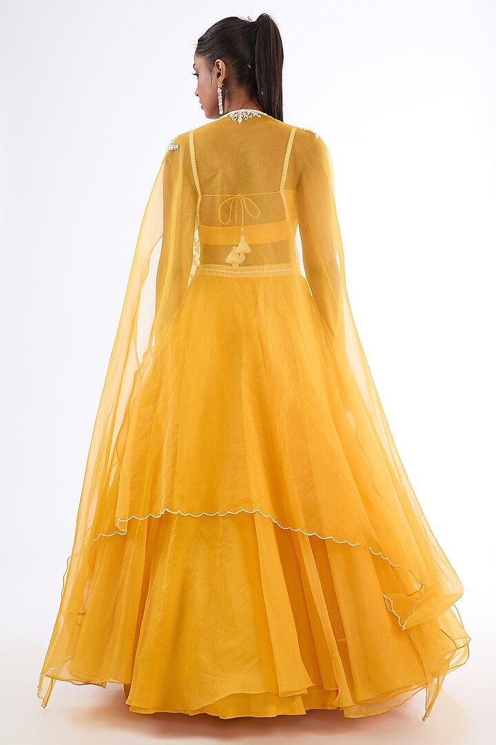 Mango Yellow Organza Bead Embroidered Jacket Wedding Lehenga Set by LASHA at Pernia's Pop Up Shop