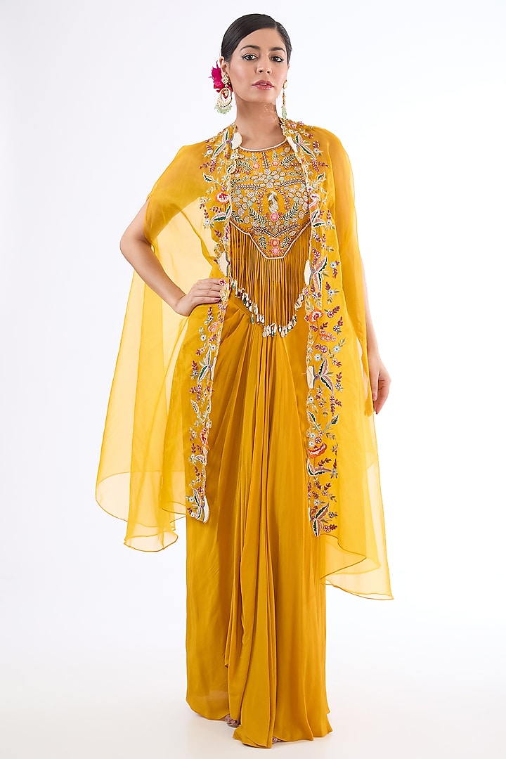 Mustard Yellow Crepe Dhoti Skirt Set by LASHA