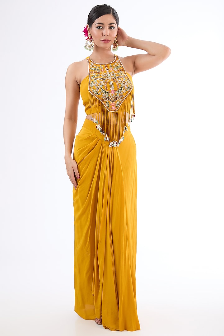 Mustard Yellow Crepe Dhoti Skirt Set by LASHA at Pernia's Pop Up Shop