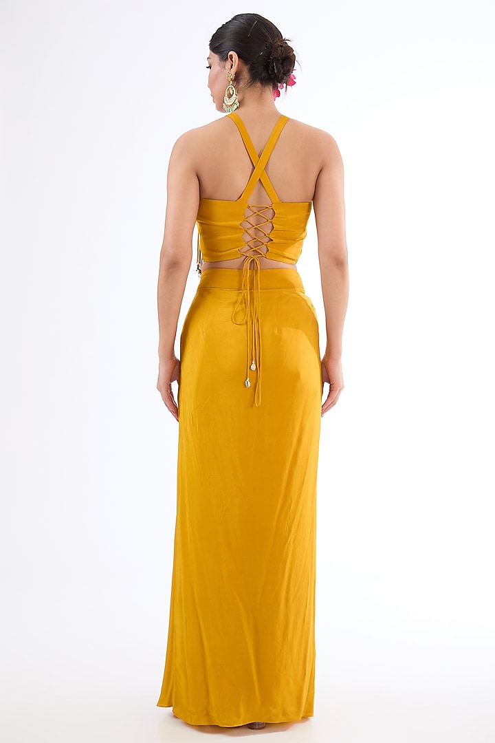 Mustard Yellow Crepe Dhoti Skirt Set by LASHA at Pernia's Pop Up Shop