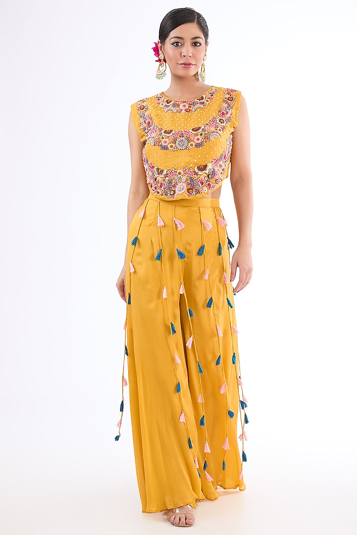 Yellow Chinon Hand Embroidered Co-Ord Set by LASHA