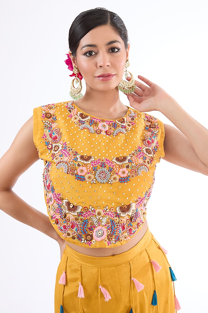 Yellow Chinon Hand Embroidered Co-Ord Set by LASHA at Pernia's Pop Up Shop