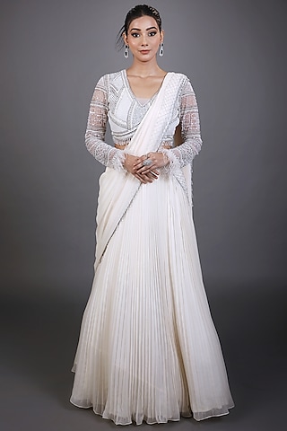 Ivory Georgette & Net Embroidered Pre-Draped Lehenga Saree Set by LASHA