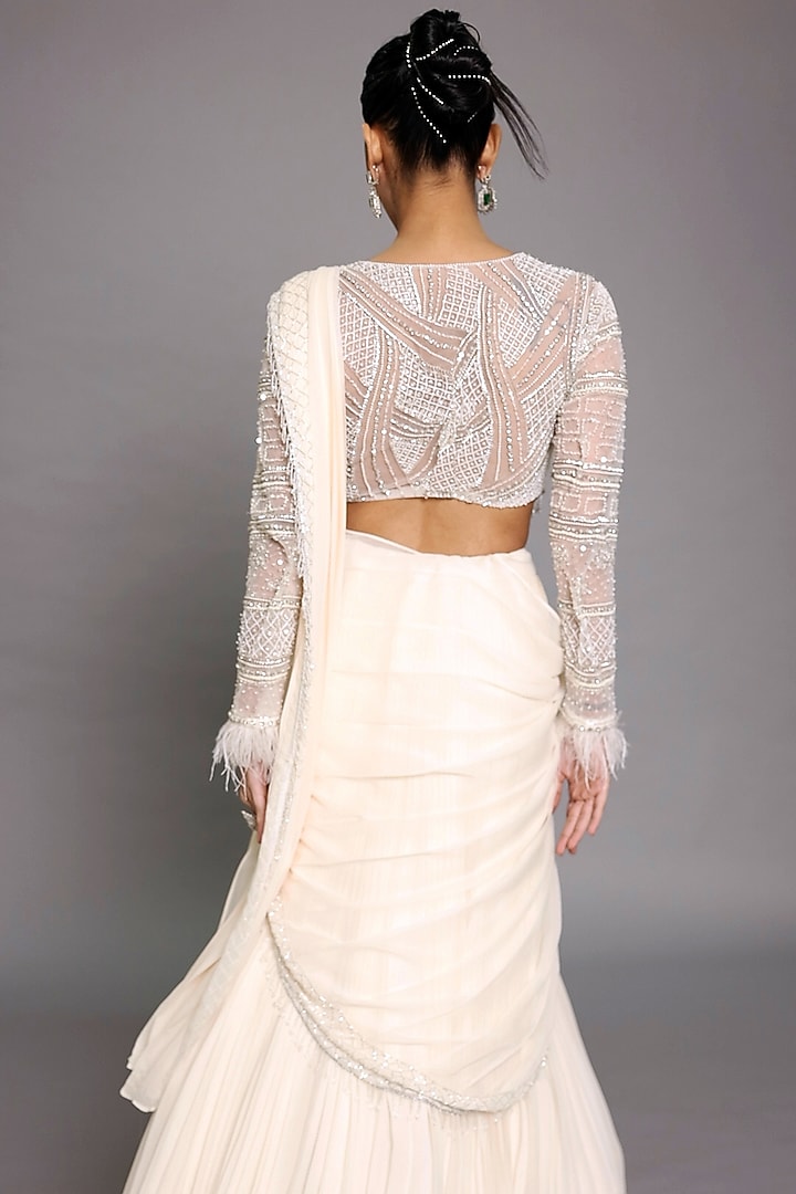 Ivory Georgette & Net Embroidered Pre-Draped Wedding Lehenga Saree Set by LASHA at Pernia's Pop Up Shop