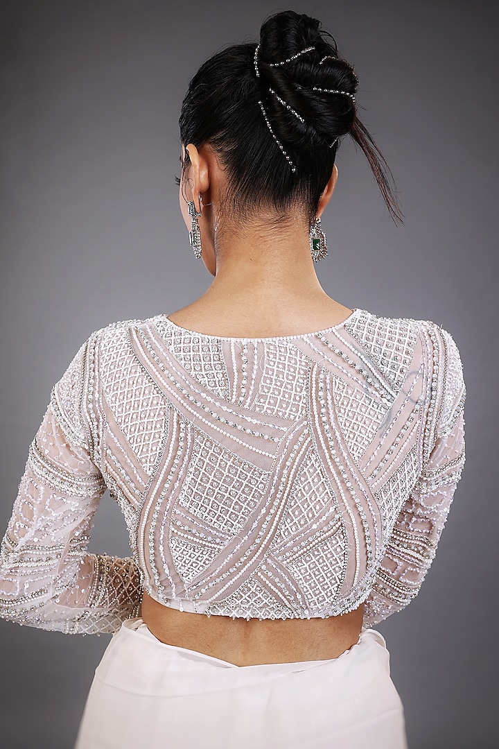Ivory Georgette & Net Embroidered Pre-Draped Wedding Lehenga Saree Set by LASHA at Pernia's Pop Up Shop