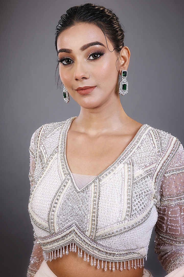 Ivory Georgette & Net Embroidered Pre-Draped Wedding Lehenga Saree Set by LASHA at Pernia's Pop Up Shop