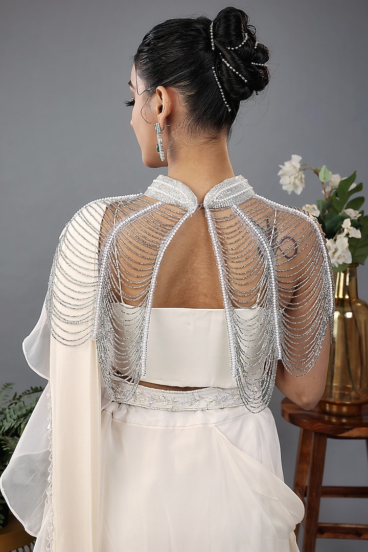 Ivory Organza & Net Embroidered Jacket Party Wear Saree Set by LASHA at Pernia's Pop Up Shop