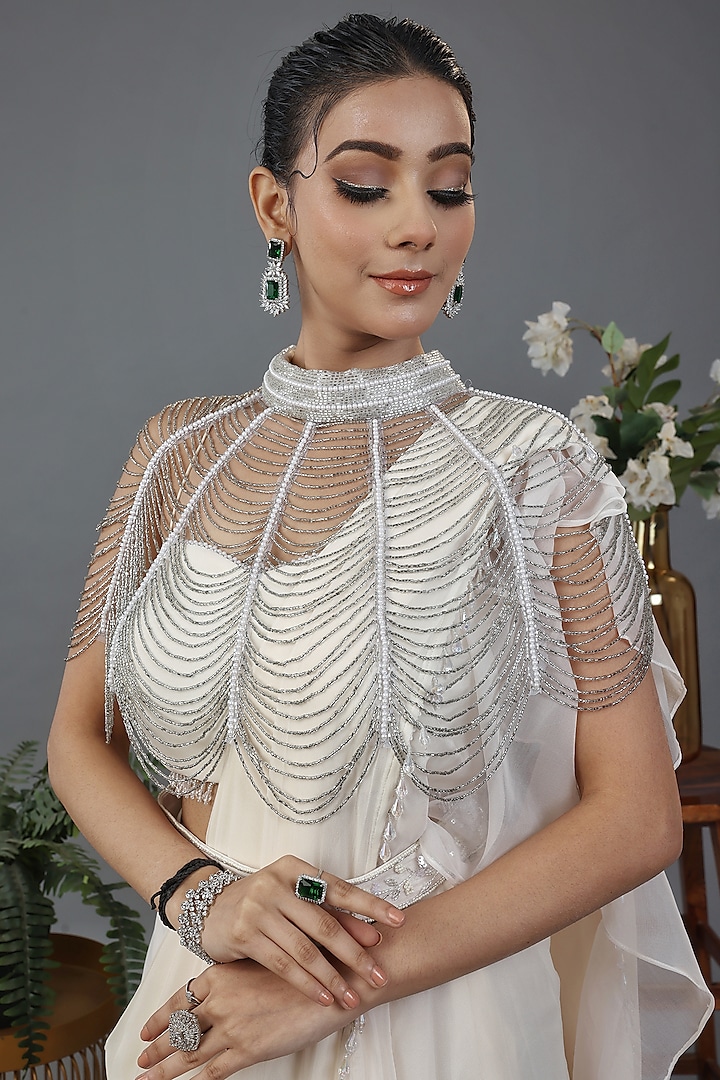 Ivory Organza & Net Embroidered Jacket Party Wear Saree Set by LASHA at Pernia's Pop Up Shop
