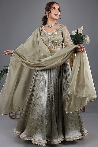Sage Green Crushed Silk Hand Embroidered Anarkali Set by LASHA