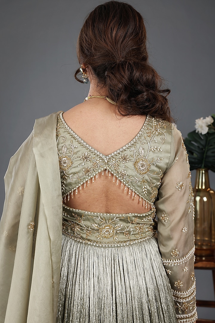 Sage Green Crushed Silk Hand Embroidered Wedding Anarkali Set by LASHA at Pernia's Pop Up Shop