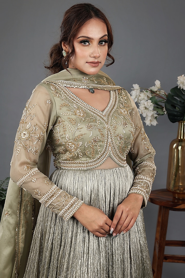 Sage Green Crushed Silk Hand Embroidered Wedding Anarkali Set by LASHA at Pernia's Pop Up Shop