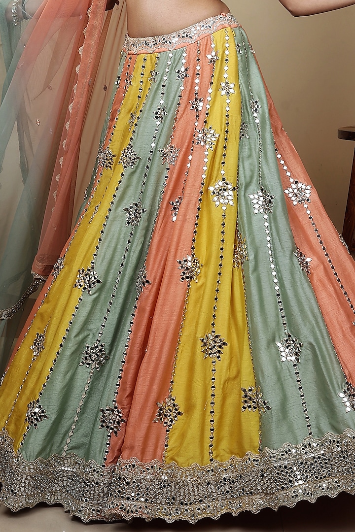 Multi-Colored Dola Silk & Net Mirror Embroidered Wedding Lehenga Set by LASHA at Pernia's Pop Up Shop