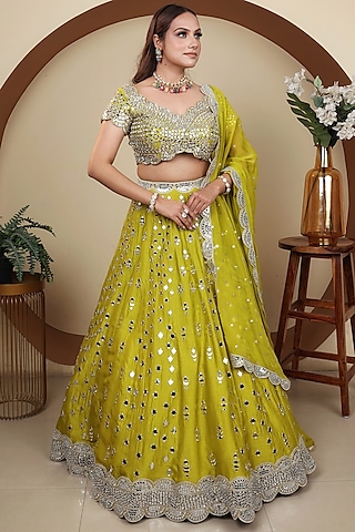 Lime Green Silk Mirror Hand Embellished Lehenga Set by LASHA